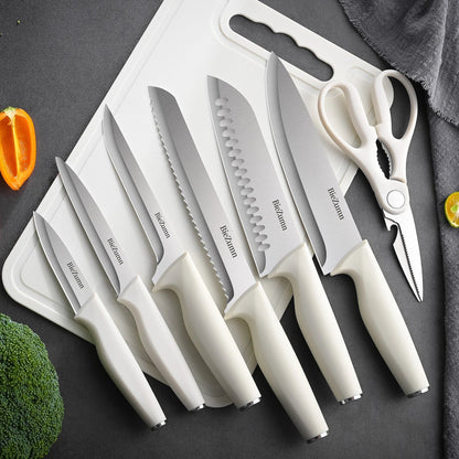 Professional Kitchen Knife Set Japanese - Style Knife Set Stainless Steel Knife Set with Knife Holder Sashimi Knife Suitable for Slicing Fish and Meat Kitchen Essentials White Non - Slip Handle Can Be Washed in a Washing Machine - Blu Lotus Boutique