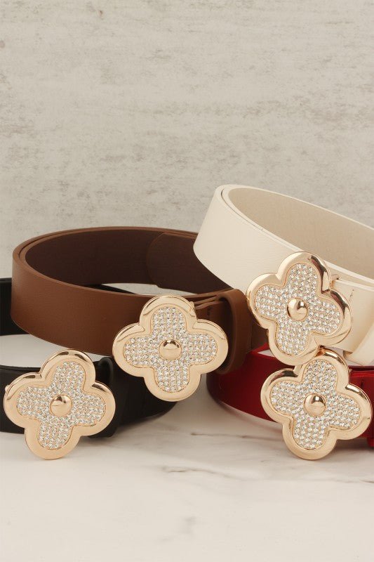 Pu Leather Metal Plated Rhinestone Clover Belt - Blu Lotus Boutique