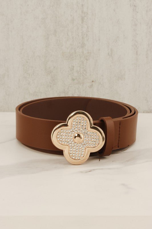 Pu Leather Metal Plated Rhinestone Clover Belt - Blu Lotus Boutique