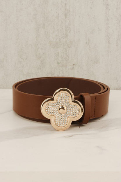 Pu Leather Metal Plated Rhinestone Clover Belt - Blu Lotus Boutique