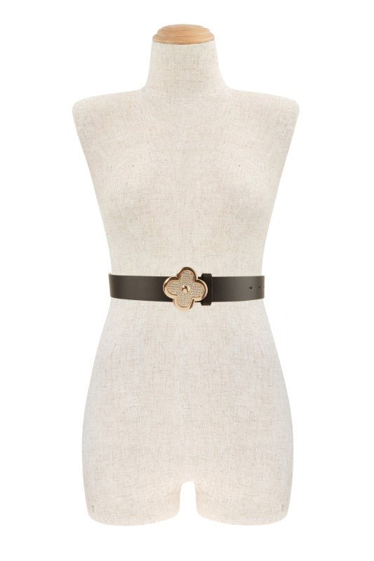 Pu Leather Metal Plated Rhinestone Clover Belt - Blu Lotus Boutique