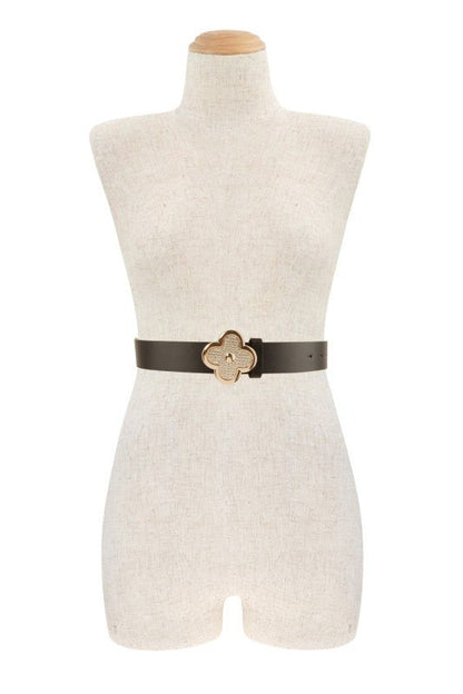 Pu Leather Metal Plated Rhinestone Clover Belt - Blu Lotus Boutique