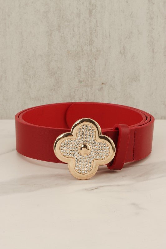 Pu Leather Metal Plated Rhinestone Clover Belt - Blu Lotus Boutique