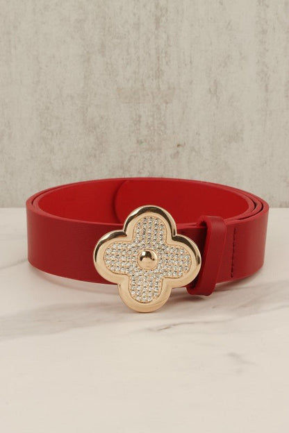 Pu Leather Metal Plated Rhinestone Clover Belt - Blu Lotus Boutique