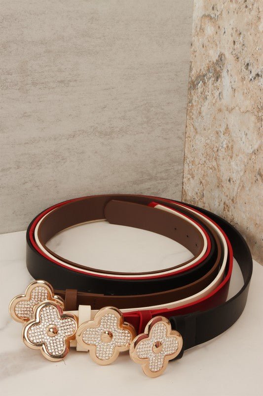 Pu Leather Metal Plated Rhinestone Clover Belt - Blu Lotus Boutique