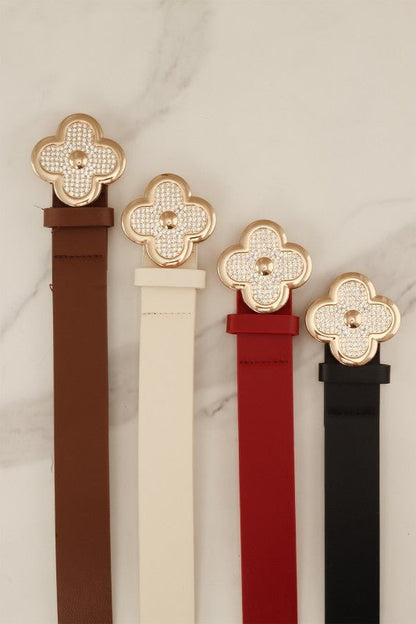 Pu Leather Metal Plated Rhinestone Clover Belt - Blu Lotus Boutique