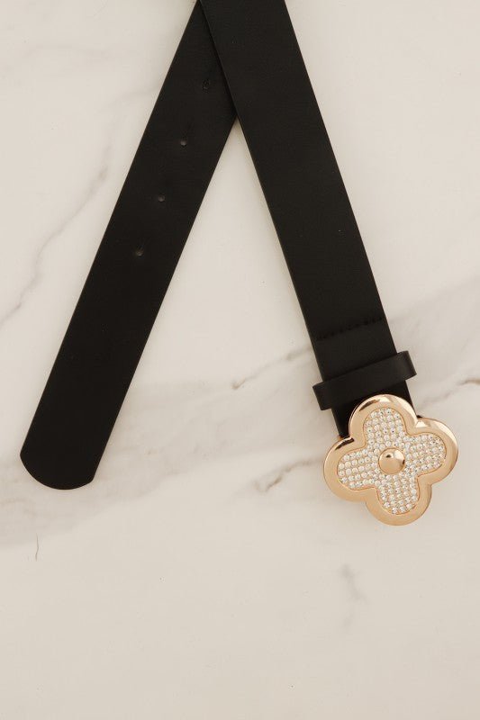Pu Leather Metal Plated Rhinestone Clover Belt - Blu Lotus Boutique