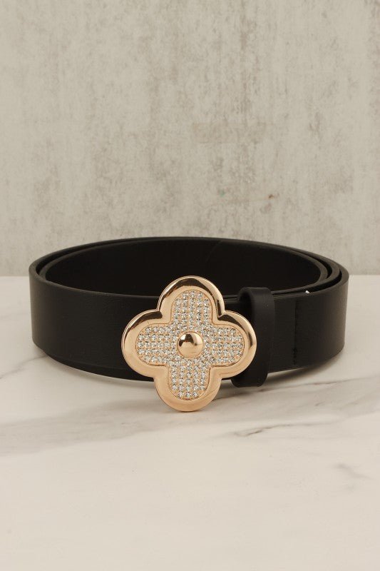 Pu Leather Metal Plated Rhinestone Clover Belt - Blu Lotus Boutique