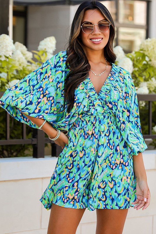 Puff Sleeve V Neck High Waist Romper - Blu Lotus Boutique