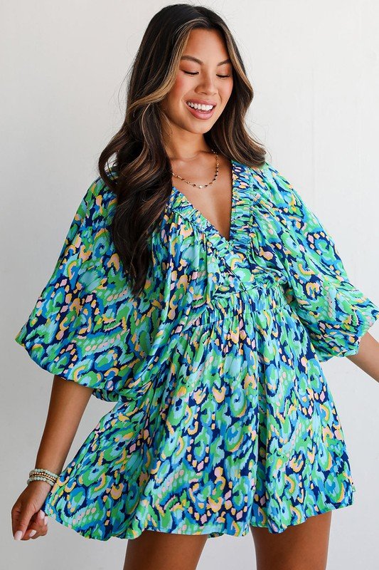 Puff Sleeve V Neck High Waist Romper - Blu Lotus Boutique