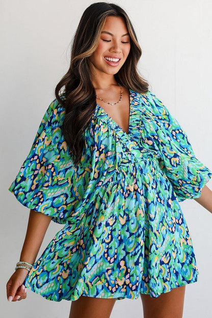 Puff Sleeve V Neck High Waist Romper - Blu Lotus Boutique