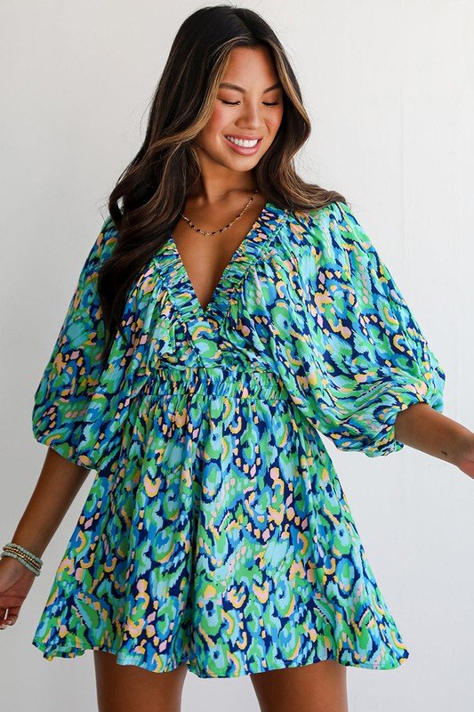 Puff Sleeve V Neck High Waist Romper - Blu Lotus Boutique