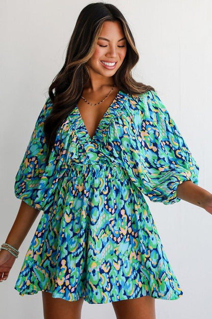 Puff Sleeve V Neck High Waist Romper - Blu Lotus Boutique