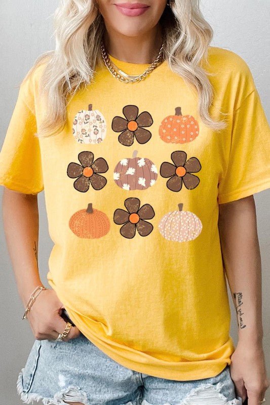 Pumpkins & Flowers Fall Graphic Heavy Cotton Tee - Blu Lotus Boutique