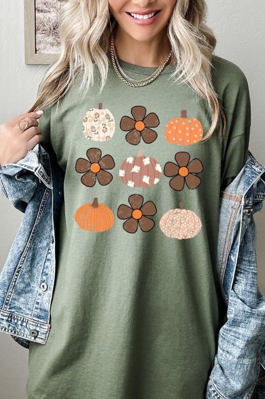 Pumpkins & Flowers Fall Graphic Heavy Cotton Tee - Blu Lotus Boutique