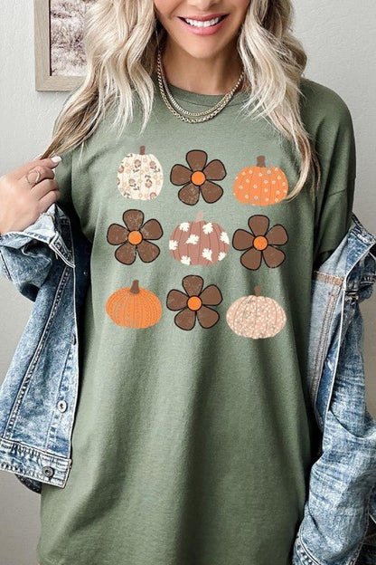 Pumpkins & Flowers Fall Graphic Heavy Cotton Tee - Blu Lotus Boutique