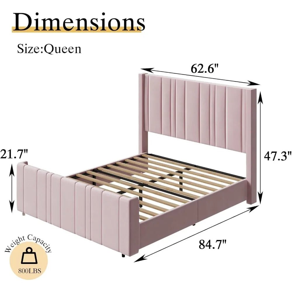 Queen Bed Frame Pink Upholstered Bed with Vertical Channel Tufted Headboard & 22" Footboard, Noise Free/Wooden Slats/Nois - Blu Lotus Boutique