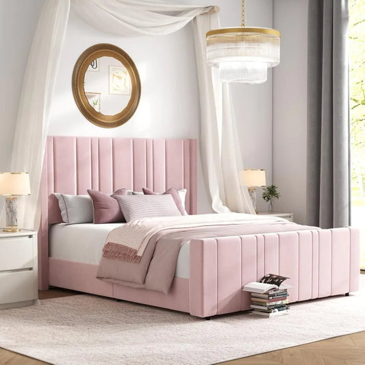 Queen Bed Frame Pink Upholstered Bed with Vertical Channel Tufted Headboard & 22" Footboard, Noise Free/Wooden Slats/Nois - Blu Lotus Boutique