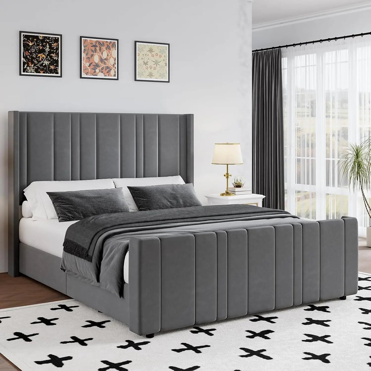Queen Bed Frame Pink Upholstered Bed with Vertical Channel Tufted Headboard & 22" Footboard, Noise Free/Wooden Slats/Nois - Blu Lotus Boutique