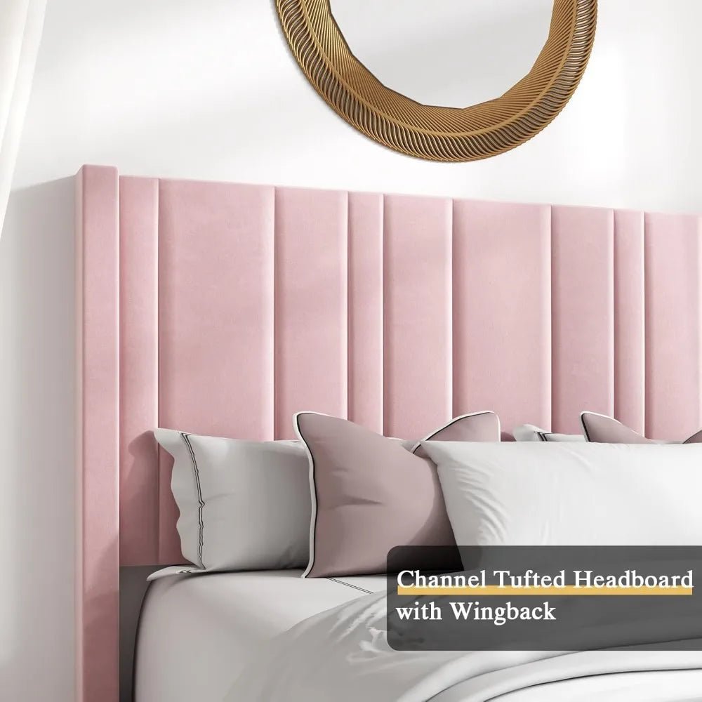 Queen Bed Frame Pink Upholstered Bed with Vertical Channel Tufted Headboard & 22" Footboard, Noise Free/Wooden Slats/Nois - Blu Lotus Boutique