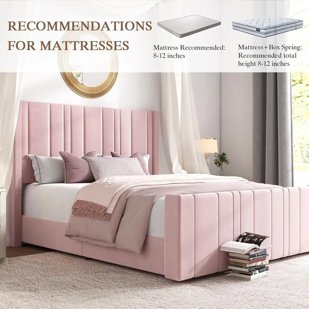 Queen Bed Frame Pink Upholstered Bed with Vertical Channel Tufted Headboard & 22" Footboard, Noise Free/Wooden Slats/Nois - Blu Lotus Boutique