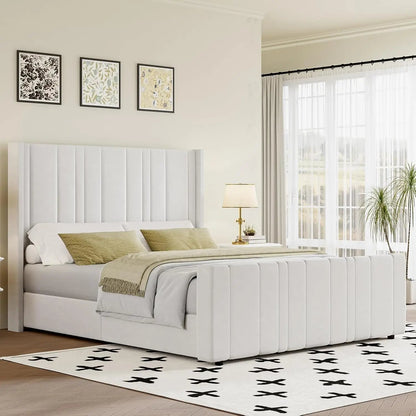 Queen Bed Frame Pink Upholstered Bed with Vertical Channel Tufted Headboard & 22" Footboard, Noise Free/Wooden Slats/Nois - Blu Lotus Boutique