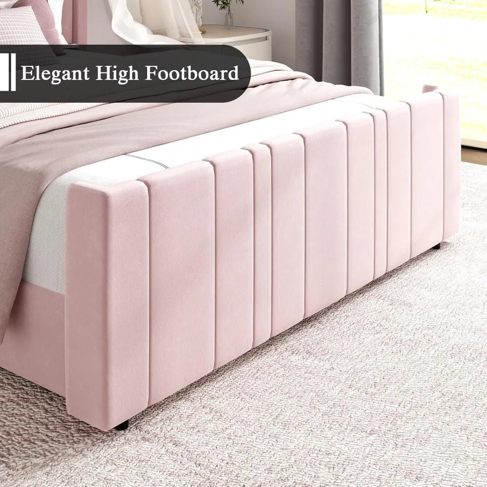 Queen Bed Frame Pink Upholstered Bed with Vertical Channel Tufted Headboard & 22" Footboard, Noise Free/Wooden Slats/Nois - Blu Lotus Boutique