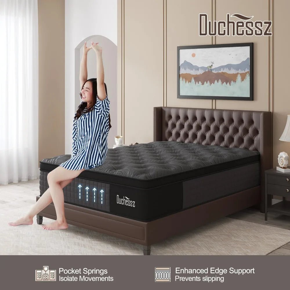 Queen Mattress, 14 Inch Hybrid Mattresses Black with Gel Memory Foam and Individually Pocket Innerspring Euro Top Medium Firm fo - Blu Lotus Boutique