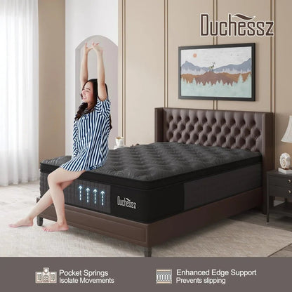 Queen Mattress, 14 Inch Hybrid Mattresses Black with Gel Memory Foam and Individually Pocket Innerspring Euro Top Medium Firm fo - Blu Lotus Boutique