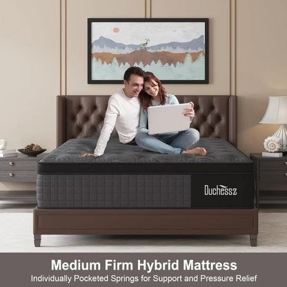 Queen Mattress, 14 Inch Hybrid Mattresses Black with Gel Memory Foam and Individually Pocket Innerspring Euro Top Medium Firm fo - Blu Lotus Boutique