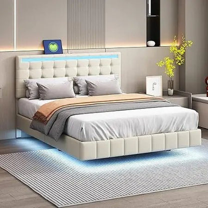 Queen Size Floating Bed Frame with LED Lights and USB Charging,Modern Upholstered Platform LED Bed Frame (Beige+Linen, Queen) - Blu Lotus Boutique