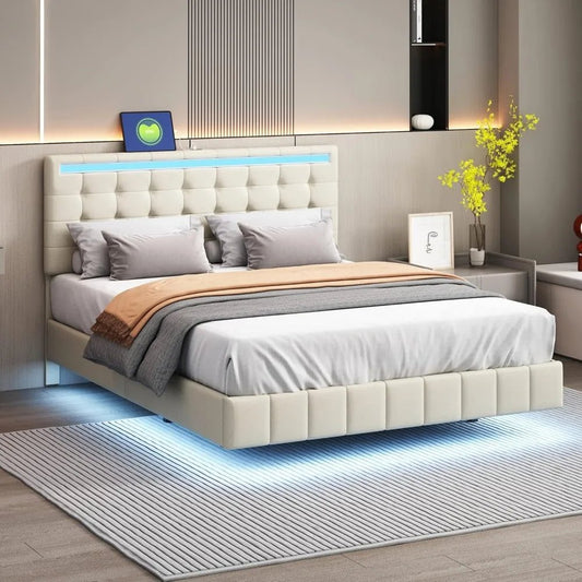 Queen Size Floating Bed Frame with LED Lights and USB Charging,Modern Upholstered Platform LED Bed Frame (Beige+Linen, Queen) - Blu Lotus Boutique