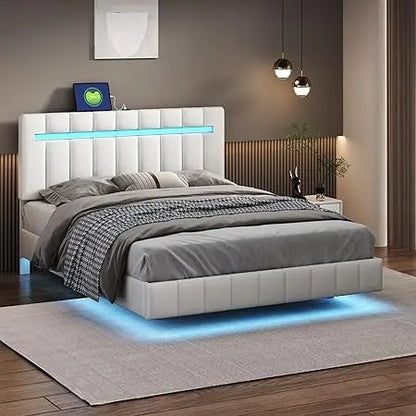 Queen Size Floating Bed Frame with LED Lights and USB Charging,Modern Upholstered Platform LED Bed Frame (Beige+Linen, Queen) - Blu Lotus Boutique