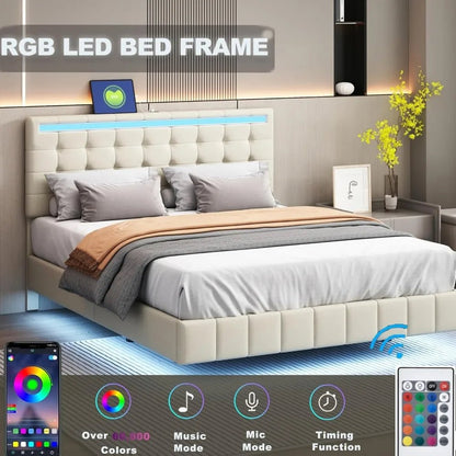 Queen Size Floating Bed Frame with LED Lights and USB Charging,Modern Upholstered Platform LED Bed Frame (Beige+Linen, Queen) - Blu Lotus Boutique