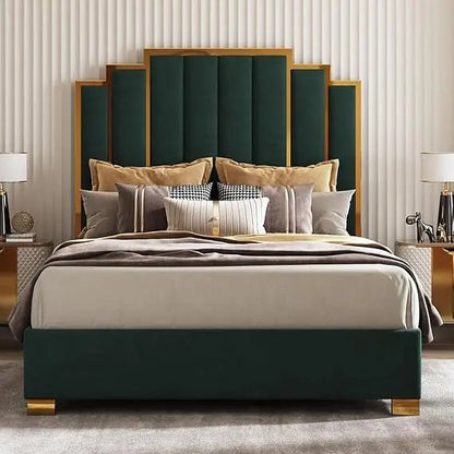 Queen Size Upholstered Bed, Modern Velvet Bed Frame with 61.4” Tall Gold Trim Headboard, No Box Spring Needed, Cream - Blu Lotus Boutique
