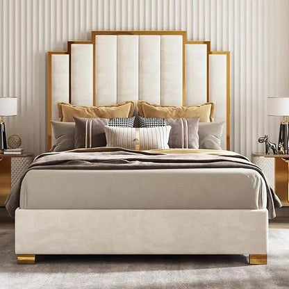 Queen Size Upholstered Bed, Modern Velvet Bed Frame with 61.4” Tall Gold Trim Headboard, No Box Spring Needed, Cream - Blu Lotus Boutique
