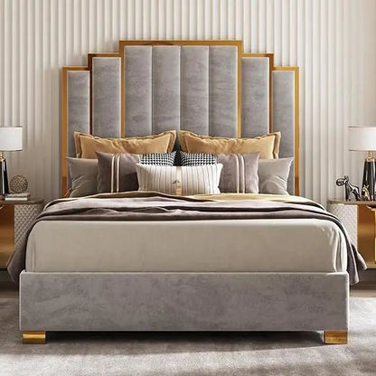 Queen Size Upholstered Bed, Modern Velvet Bed Frame with 61.4” Tall Gold Trim Headboard, No Box Spring Needed, Cream - Blu Lotus Boutique