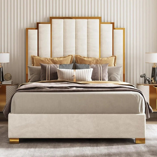 Queen Size Upholstered Bed, Modern Velvet Bed Frame with 61.4” Tall Gold Trim Headboard, No Box Spring Needed, Cream - Blu Lotus Boutique