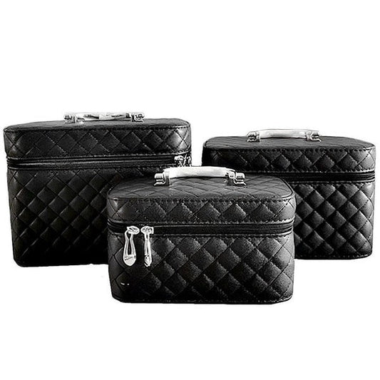 Quilted Vegan Leather 3 Pieces Makeup Case - Blu Lotus Boutique