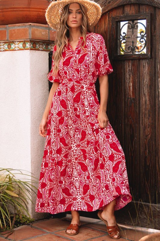 Raquel Paisley Side Slit Maxi Dress - Blu Lotus Boutique