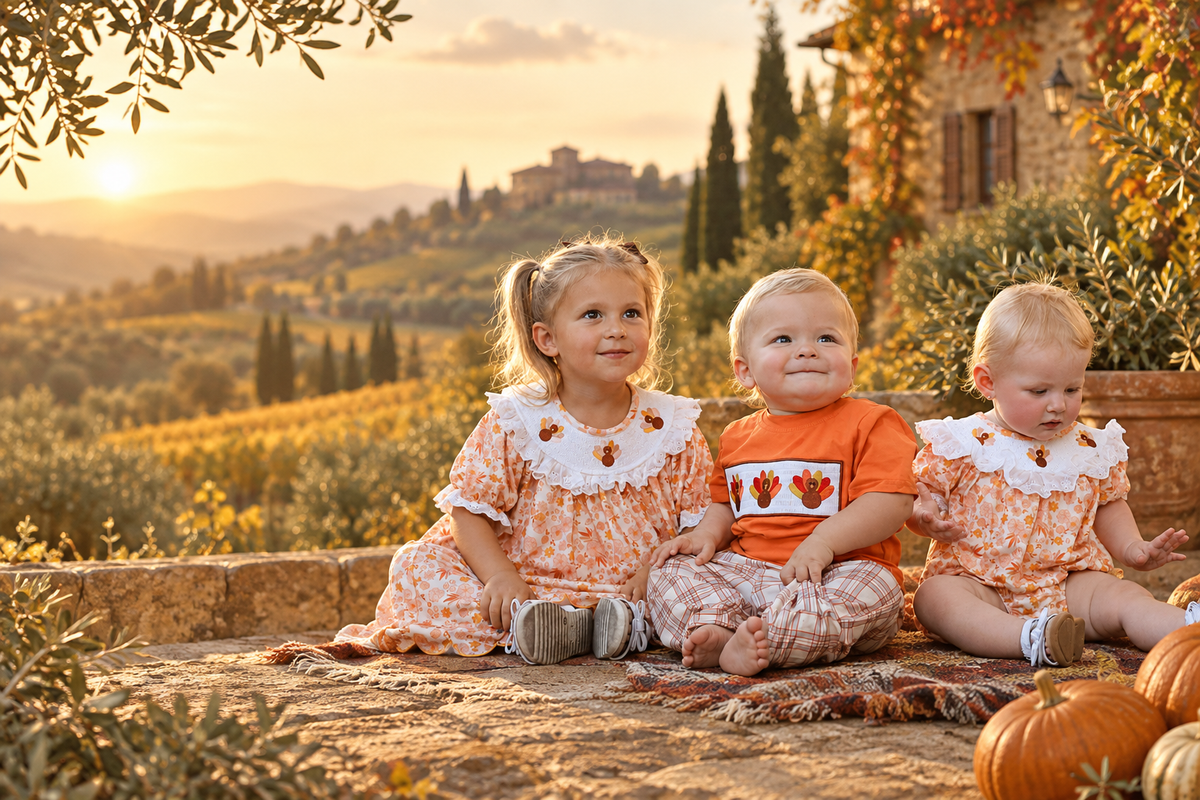 Realistic Tuscan fall kidswear banner