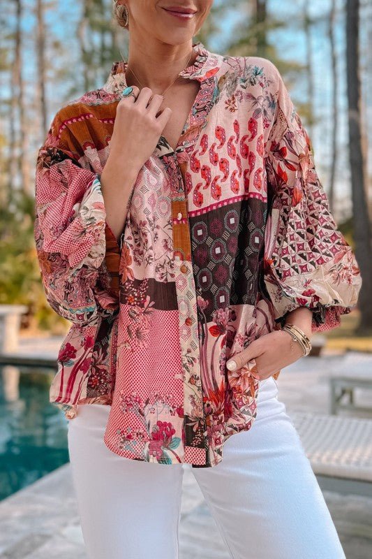 Red Boho Geometric Mixed Print Bubble Sleeve Shirt - Blu Lotus Boutique