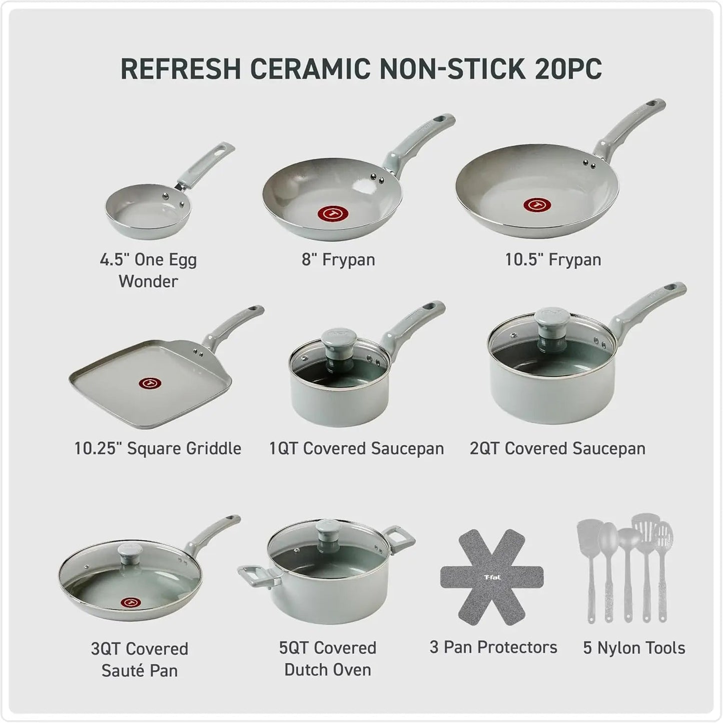 Refresh Ceramic Pots and Pans Set, 20 - Piece Nonstick Cookware Set, Stockpot, Griddle, Frying Pans, Utensils, Moon Grey - Blu Lotus Boutique