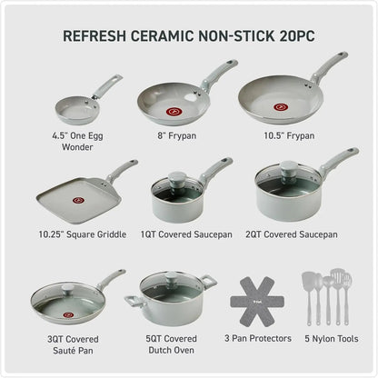 Refresh Ceramic Pots and Pans Set, 20 - Piece Nonstick Cookware Set, Stockpot, Griddle, Frying Pans, Utensils, Moon Grey - Blu Lotus Boutique