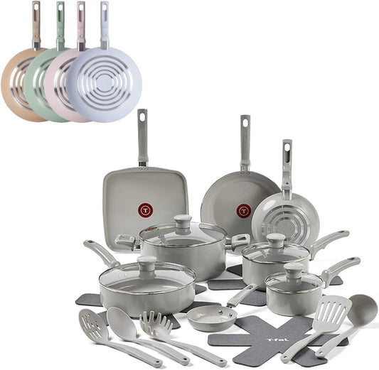 Refresh Ceramic Pots and Pans Set, 20 - Piece Nonstick Cookware Set, Stockpot, Griddle, Frying Pans, Utensils, Moon Grey - Blu Lotus Boutique
