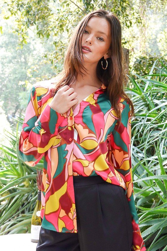 Retro Print Satin Blouse - Blu Lotus Boutique