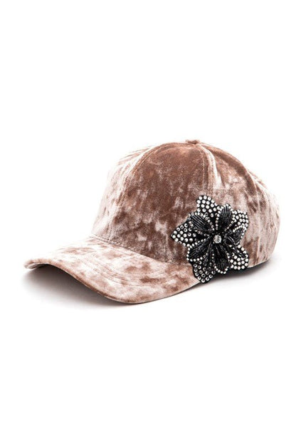 Rhinestone Flower Velour Cap - Blu Lotus Boutique
