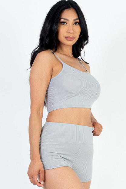 Ribbed Top & Ruched Biker Shorts Set - Blu Lotus Boutique