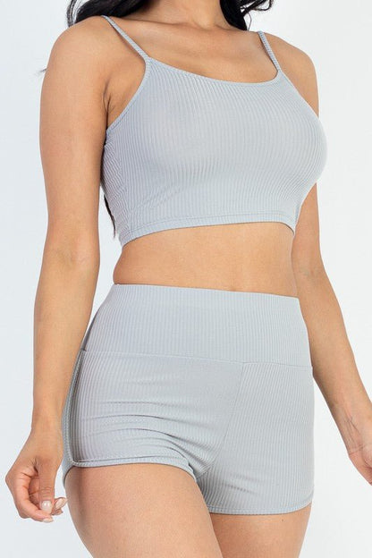 Ribbed Top & Ruched Biker Shorts Set - Blu Lotus Boutique