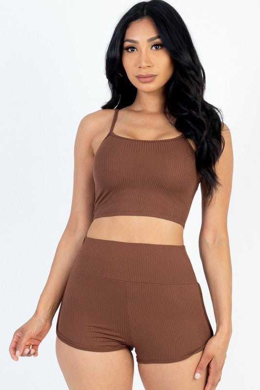 Ribbed Top & Ruched Biker Shorts Set - Blu Lotus Boutique